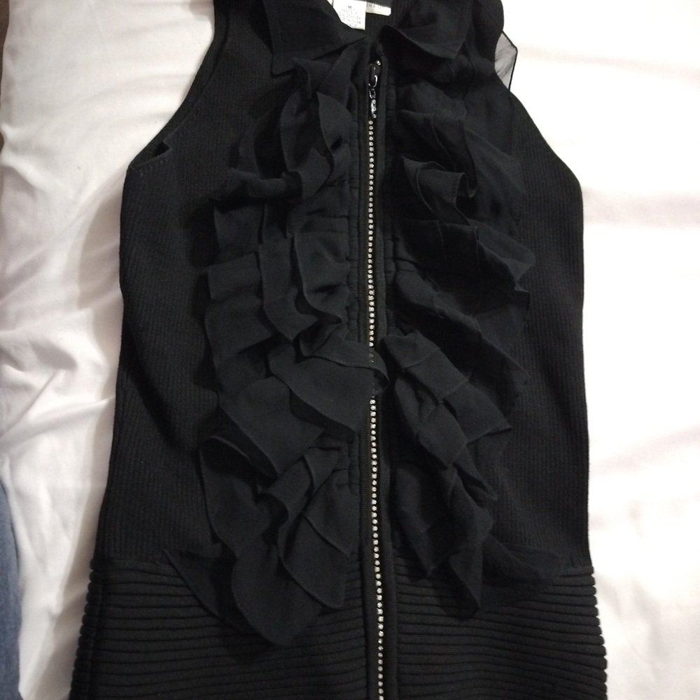 Vintage 90’s Wayne Rogers Black Ribbed Silk Blend Knit Vest Medium Ruffles Zip